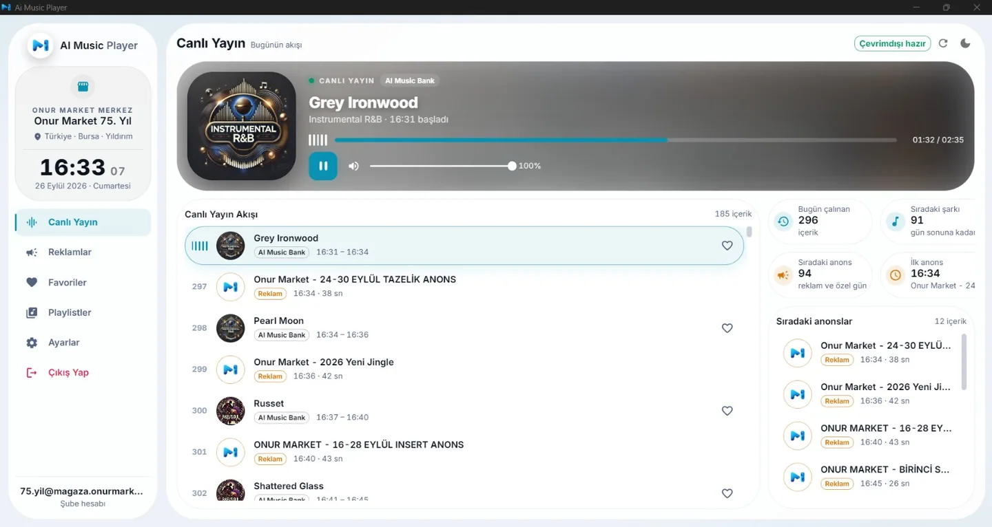 AI Music Player uygulamasında müzik ve anons yayın akışı